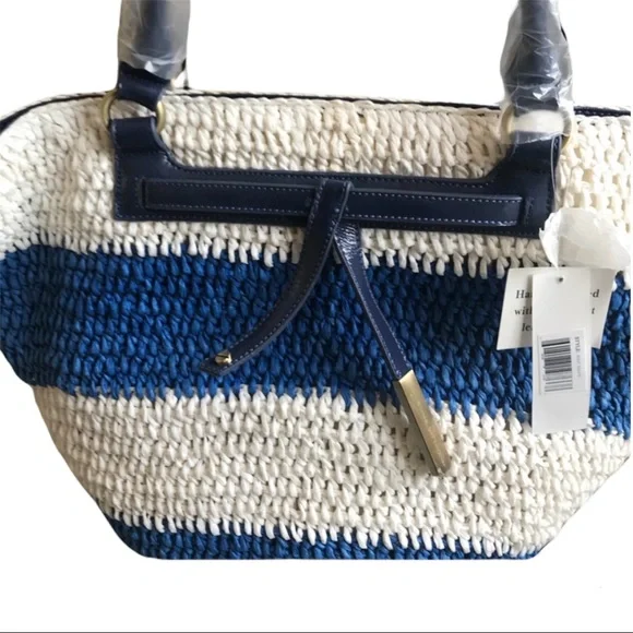 Adrienne Vittadini Nautical Black White Straw Summer Tote Bag - Picture 14 of 16